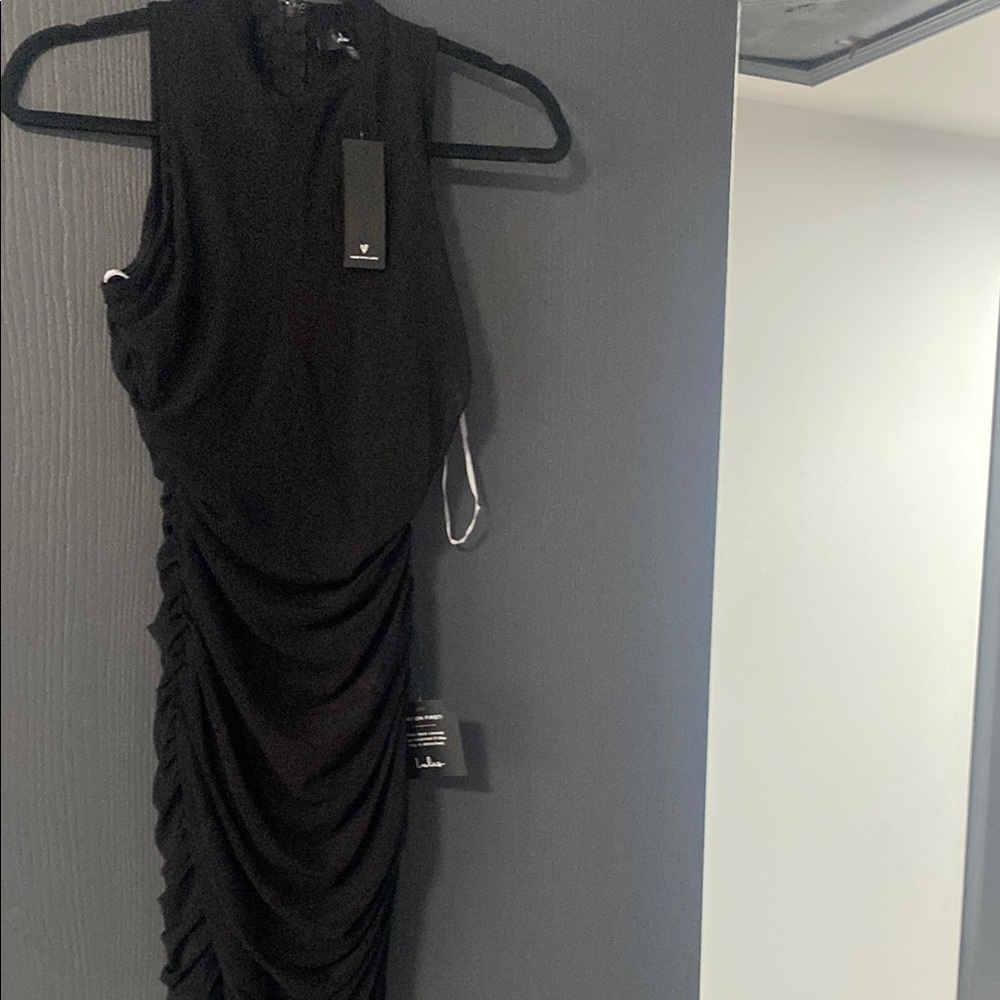 Lulu's Black Ruched Halter Bodycon Midi Dress